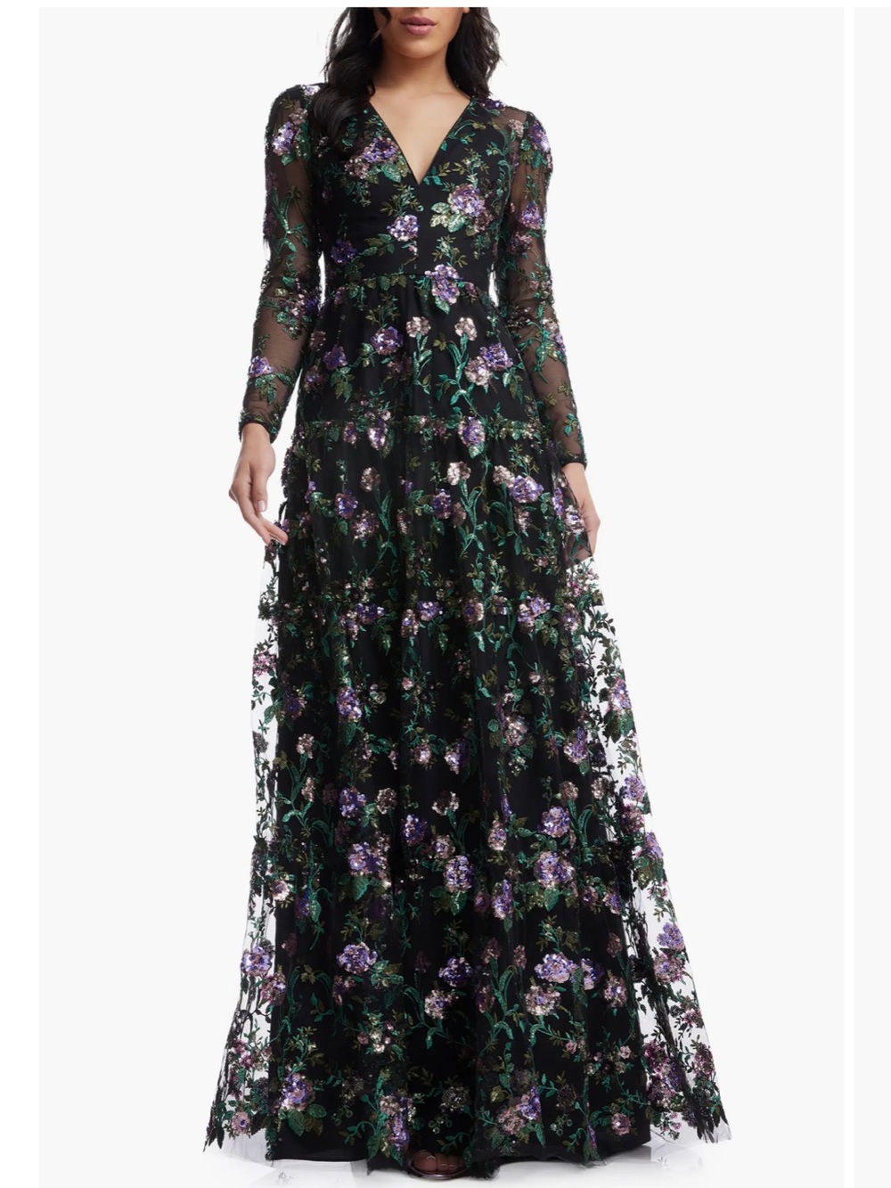 Dress the Population Angelina Sequin Floral Embroidered Gown Black Multi